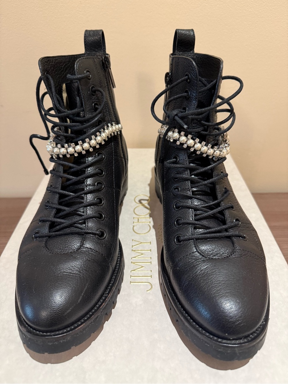 Jimmy Choo Black Leather Lace-Up Boots with Crystal Strap